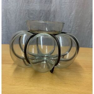 Vintage Brutalist Caged Wrought Iron Art Glass Hand Blown Clear Pumpkin Bowl
